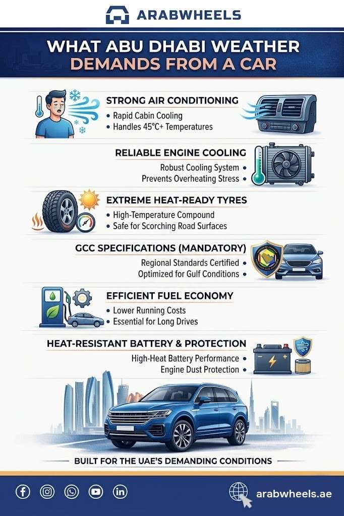 This infographic Arabwheels.ae explains exactly what Abu Dhabi weather demands from a car: AC, engine cooling, tyres, GCC specs, fuel economy, and battery protection. So it should appear immediately after you explain the weather problem. Then the reader naturally moves into SUV, sedan, hybrid, and 4x4 recommendations.