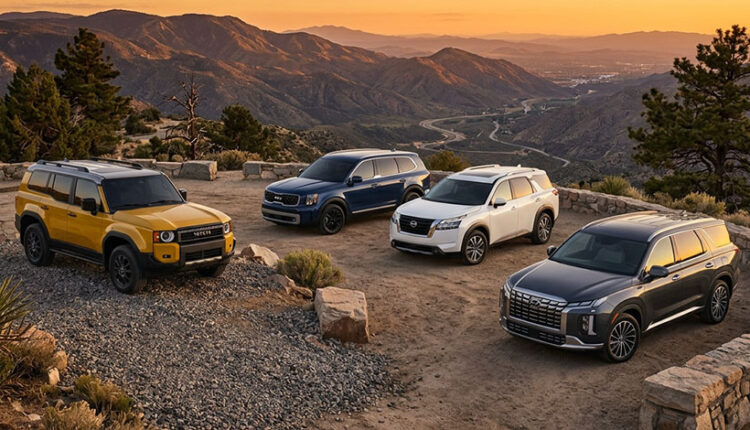 Top 7 most comfortable SUVs in UAE for families parked on a mountain viewpoint, showing spacious modern vehicles for long drives and family travel.