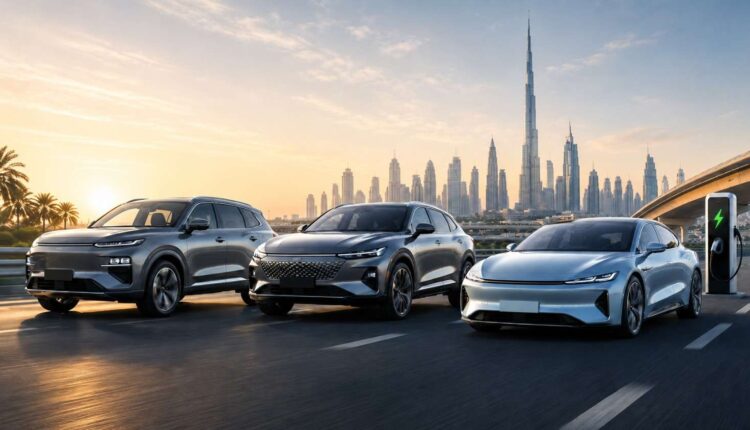 Three modern Chinese cars, including an electric sedan and SUVs, drive on a UAE highway at golden hour with Dubai’s skyline and an EV charging station in the background.|Arabwheels.ae