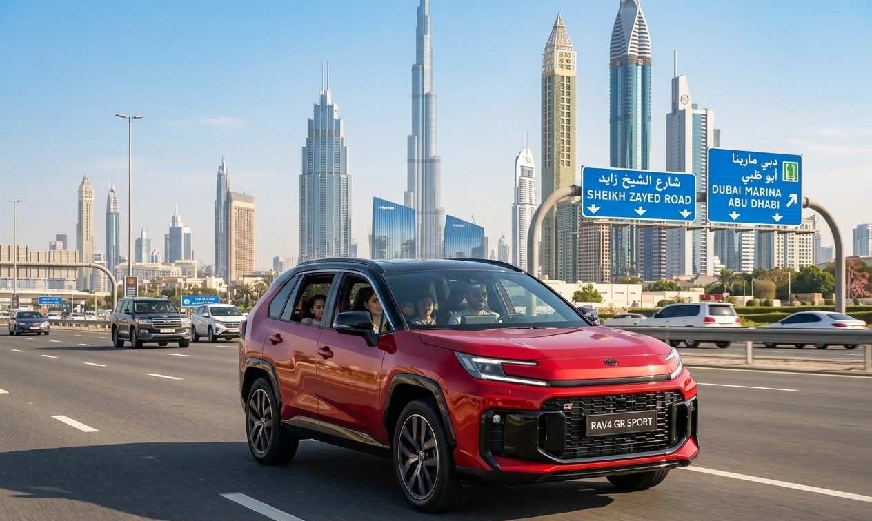 Hybrid family SUV driving on Sheikh Zayed Road in Dubai, showing why hybrids suit daily UAE city and highway use| Arabwheels.ae