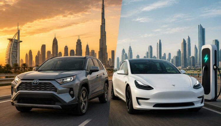 Hybrid SUV and electric sedan on a Dubai highway with skyline and EV charger.| Arabwheels.ae