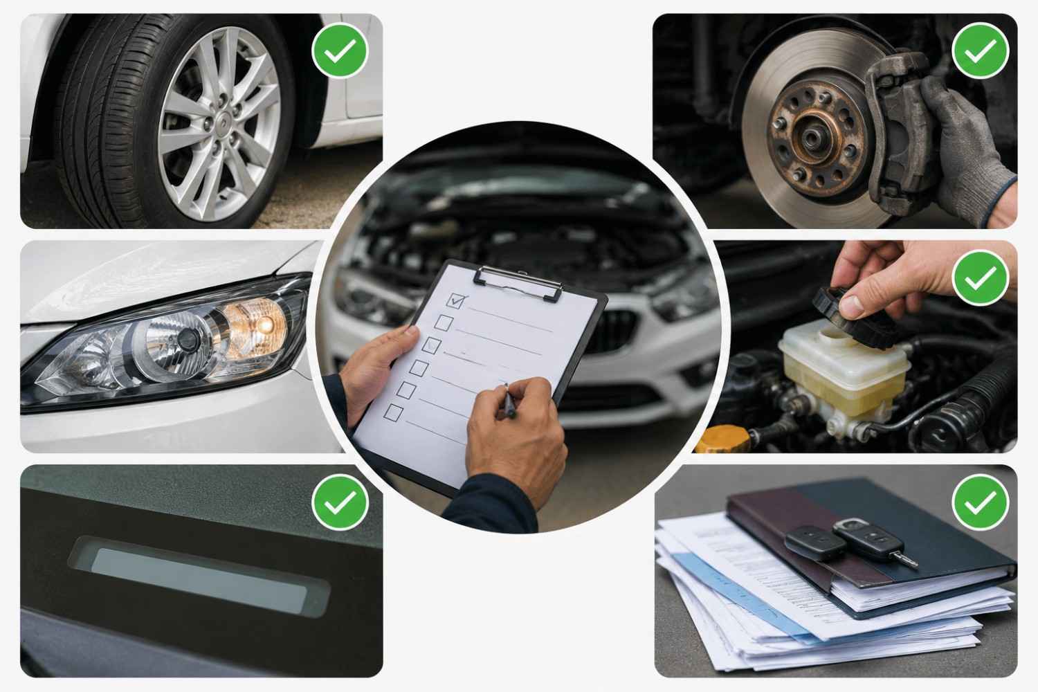 Infographic-style used car inspection checklist showing tyres, brakes, headlights, brake fluid, VIN plate, and vehicle documents being checked before buying a used car.| Arabwheels.ae