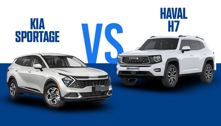 Kia Sportage and Haval H7 mid-size SUVs shown side by side with a large “VS” graphic, comparing the two models for UAE buyers.|Arabwheels.ae