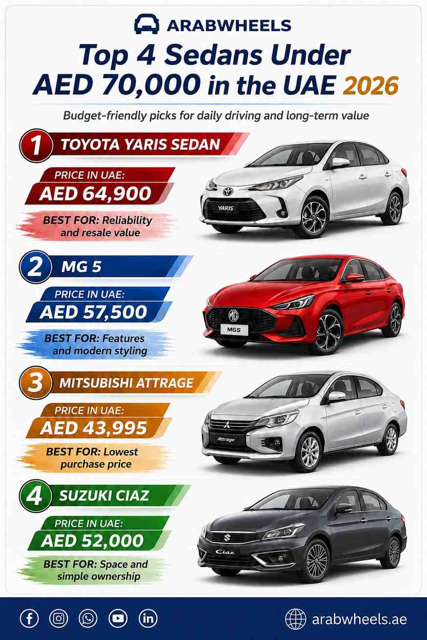 أفضل 4 سيارات سيدان تحت 70,000 درهم في الإمارات لعام 2026، وتشمل تويوتا يارس سيدان، إم جي 5، ميتسوبيشي أتراج، وسوزوكي سياز مع الأسعار وأبرز الاستخدامات.