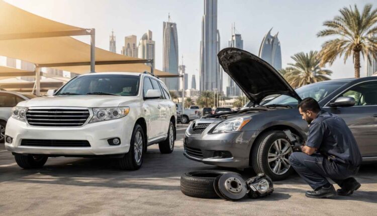 مقارنة بين سيارات المواصفات الخليجية والمواصفات الأمريكية في الإمارات، مع سيارة نظيفة بجانب سيارة مستوردة يتم فحصها وغطاء المحرك مفتوح، مع إطارات وقطع فرامل وفني يفحص السيارة.