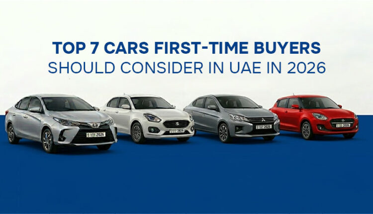 Banner showing four compact cars with the focus keyphrase “First-Time Car Buyers UAE”, highlighting top car options for first-time buyers in the UAE in 2026.| Arabwheels.ae