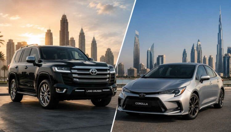 سيارة تويوتا لاند كروزر SUV سوداء وسيارة تويوتا كورولا سيدان فضية تظهران جنباً إلى جنب في مدينة إماراتية، لتوضيح مقارنة تكلفة امتلاك SUV مقابل سيدان في الإمارات 2026. | Arabwheels.ae