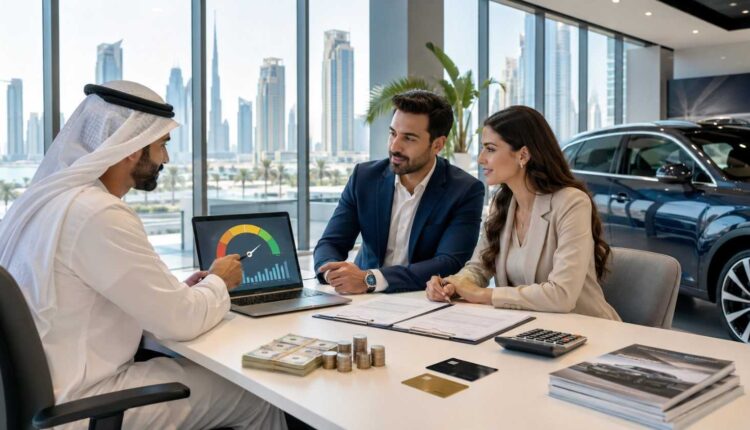 UAE car buyers discussing a credit score car loan UAE process with a finance advisor in a showroom while reviewing a credit score chart on a laptop. | ArabWheels.ae
