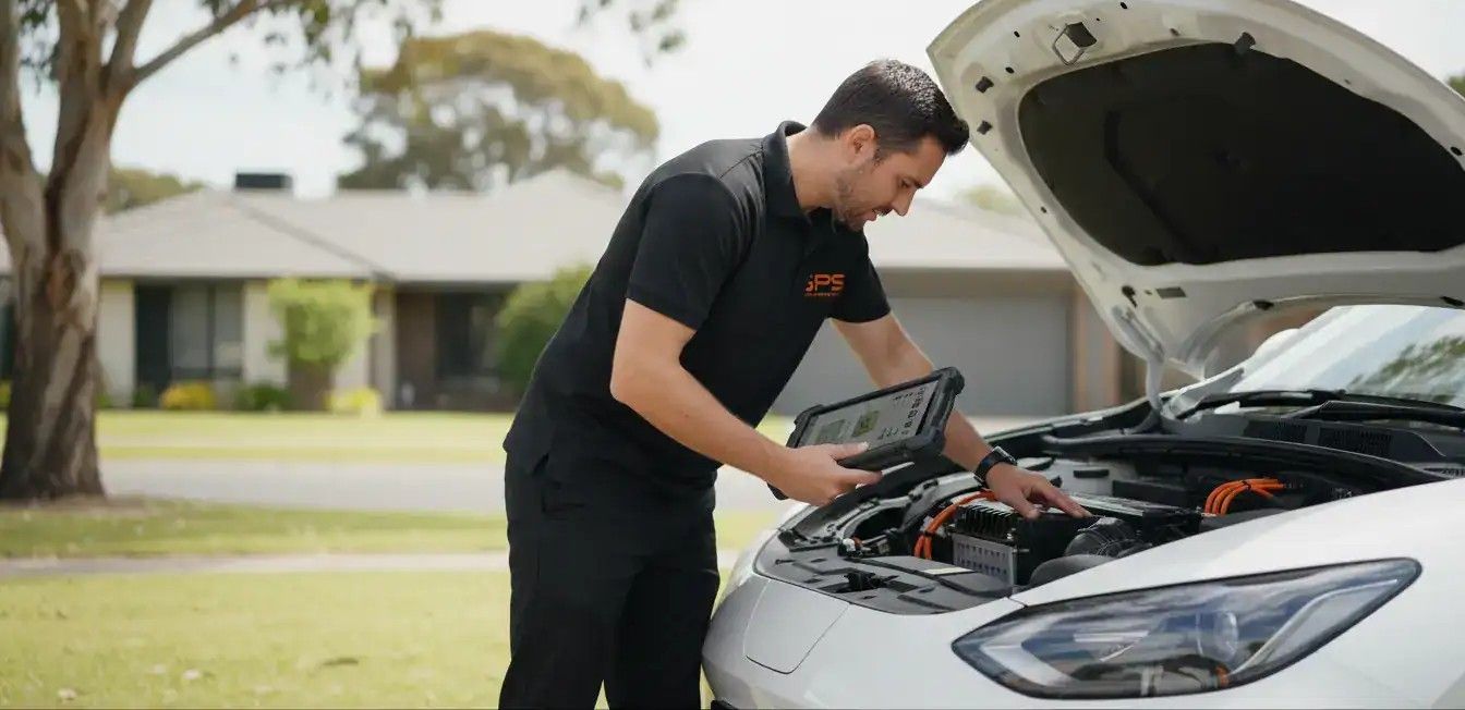 Technician checking an electric car battery system with a diagnostic tablet during a pre-purchase inspection.| Arabwheels.ae