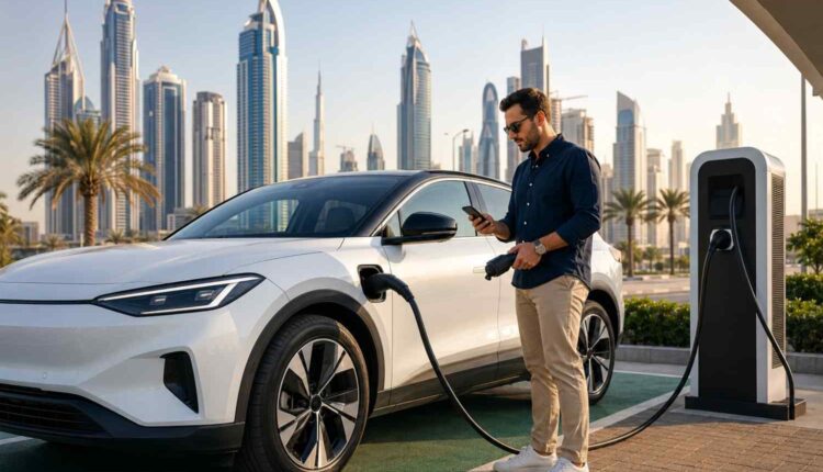 A man charging a white electric SUV at a public EV charging station in Dubai with the city skyline in the background.| Arabwheels.ae