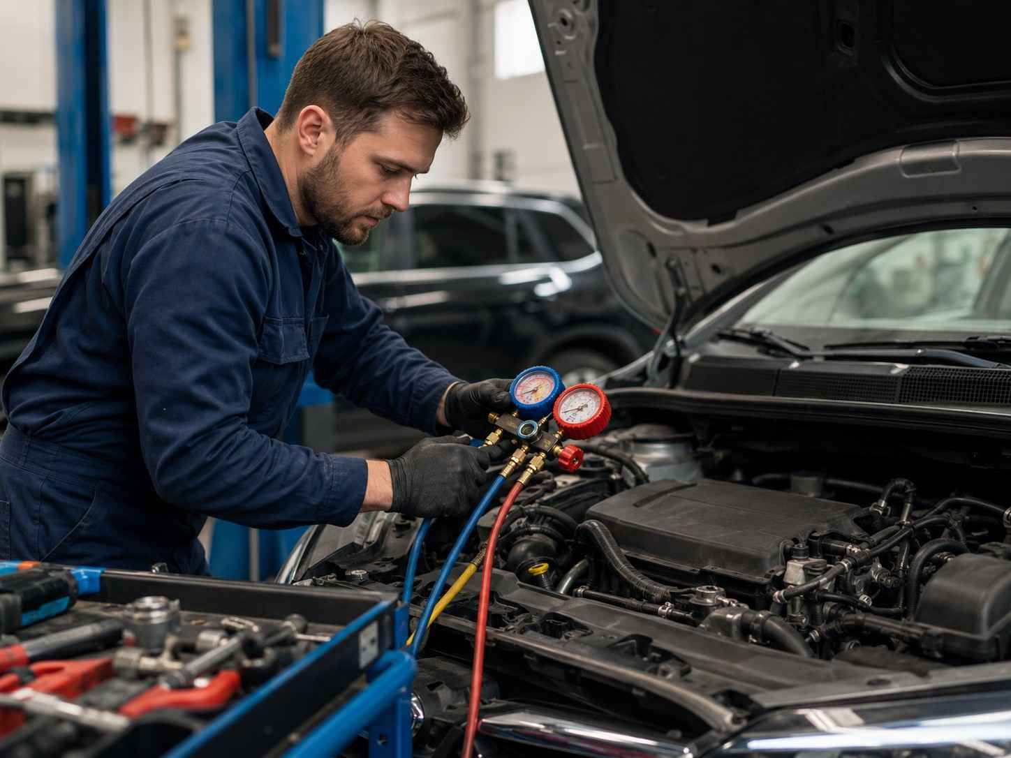 Mechanic inspecting car AC system at a UAE workshop| Arabwheels.ae