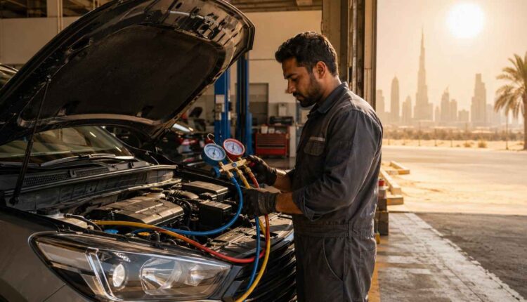 Mechanic checking a car AC system with pressure gauges in a UAE workshop, showing car AC not cooling in UAE summer heat.|Arabwheels.ae