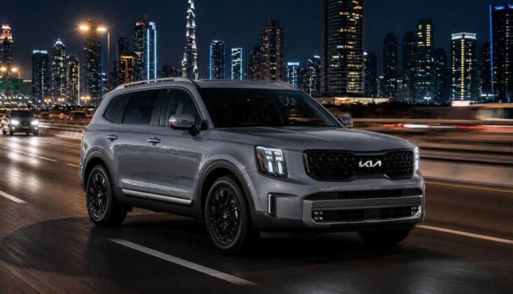 2026 Kia Telluride UAE driving on a city highway showcasing its bold design, three-row SUV size, V6 performance, and family-focused features.