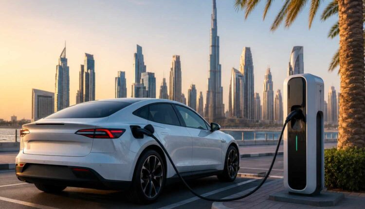Electric cars UAE charging at a modern waterfront station with Dubai skyline in the background.