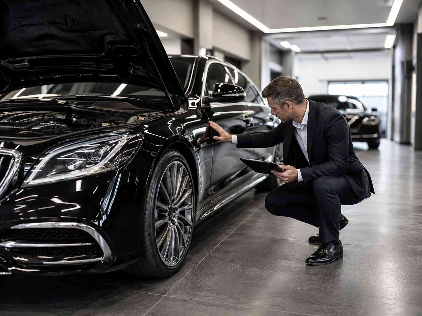 Professional inspector checking a black luxury car during a premium vehicle inspection in a modern showroom.|Arabwheels.ae