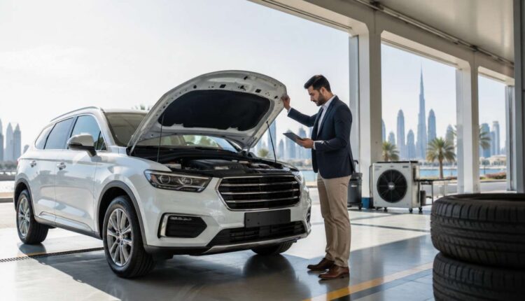 GCC-spec car being inspected in a modern UAE service bay with Dubai skyline in the background.