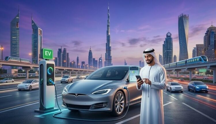 Electric vehicle charging at a station in Dubai with a man in traditional attire checking his phone against the city skyline backdrop.| Arabwheels.ae