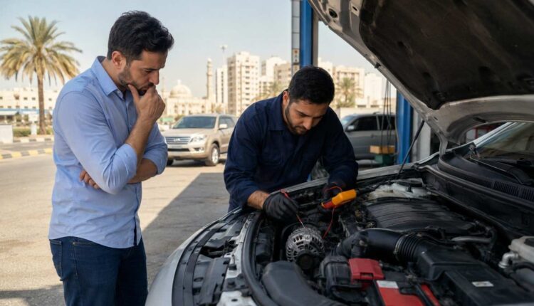 Mechanic checking a car alternator with a multimeter during a used car inspection in Sharjah.|Arabwheels.ae