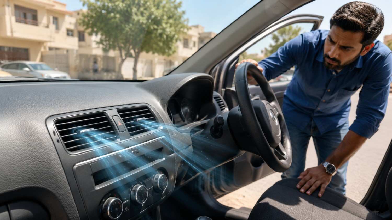 Hand checking cool air from car AC vents before UAE summer driving.|Arabwheels.ae