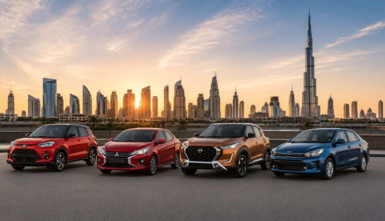 Affordable low-maintenance cars in the UAE parked with the Dubai skyline in the background for 2026 car buyers