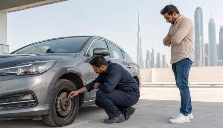 Mechanic inspecting the front brake of a used car in Dubai while a buyer watches before payment.|Arabwheels.ae