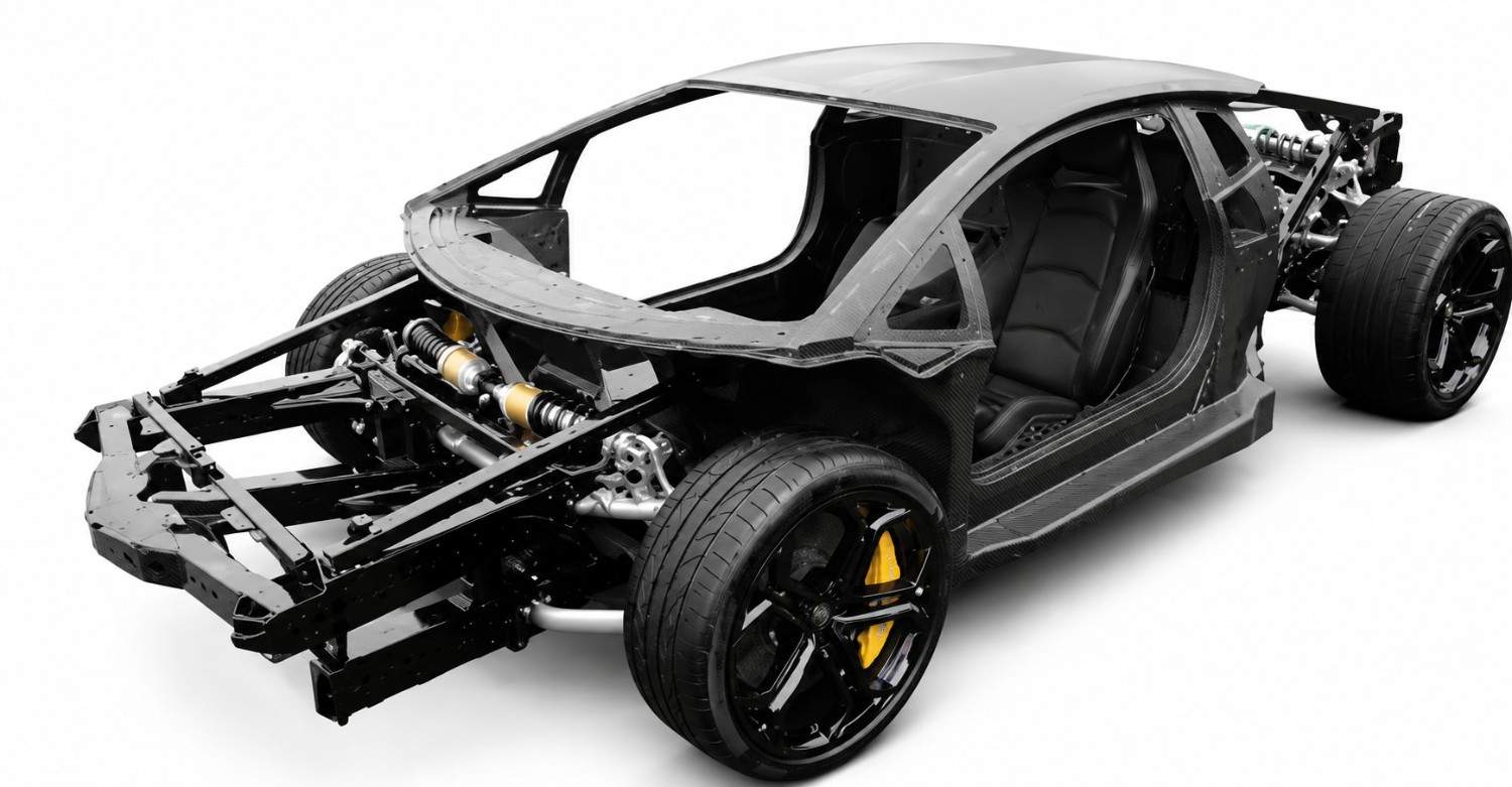 Exposed car chassis and frame structure on a white background showing wheels, suspension, and body shell components.|Arabwheels.ae