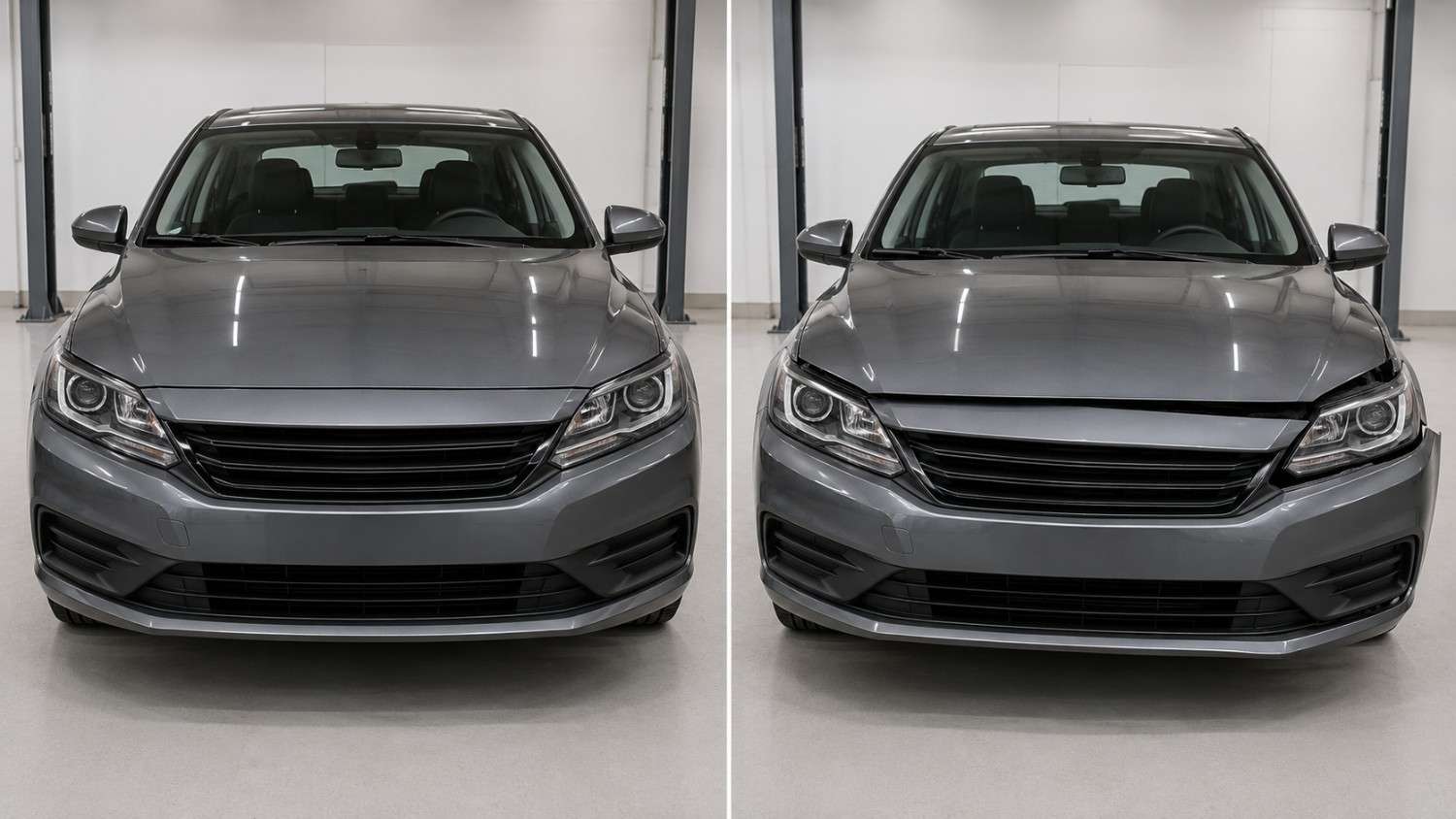 Before and after car panel gap comparison showing one properly aligned front end and one misaligned bonnet, bumper, and headlights.|arabwheels.ae