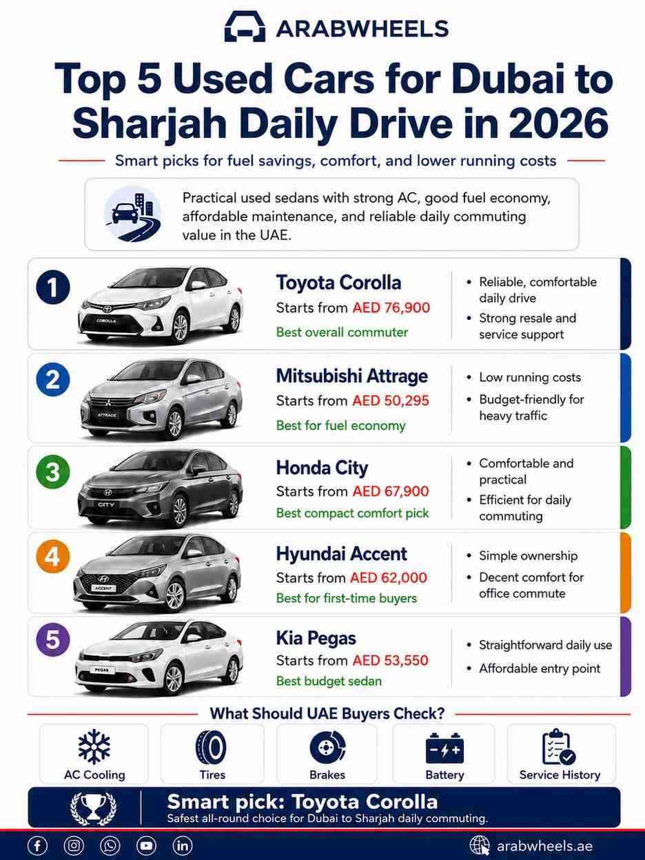 Infographic showing top 5 used cars for Dubai to Sharjah daily drive in 2026, including Toyota Corolla, Mitsubishi Attrage, Honda City, Hyundai Accent, and Kia Pegas with UAE starting prices and buyer checks. | Arabwheels.ae