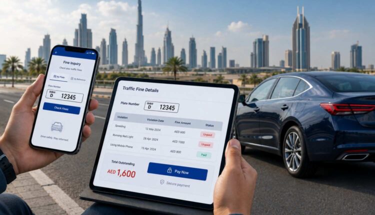 A person checks Dubai traffic fine details on a smartphone and tablet, with a parked car and the Burj Khalifa skyline in the background.|Arabwheels.ae