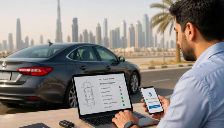 رجل يتحقق من سجل حوادث سيارة في الإمارات عبر الإنترنت باستخدام رقم VIN ورقم الشاصي قبل شراء سيارة مستعملة | Arabwheels.ae
