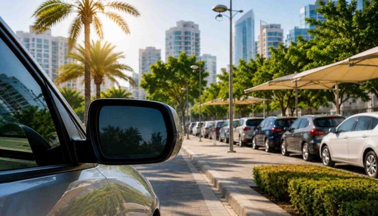 سيارة متوقفة تحت حرارة صيف الإمارات تُظهر كيف تؤثر الطرق الساخنة وأشعة الشمس على قراءات درجة حرارة السيارة | Arabwheels.ae