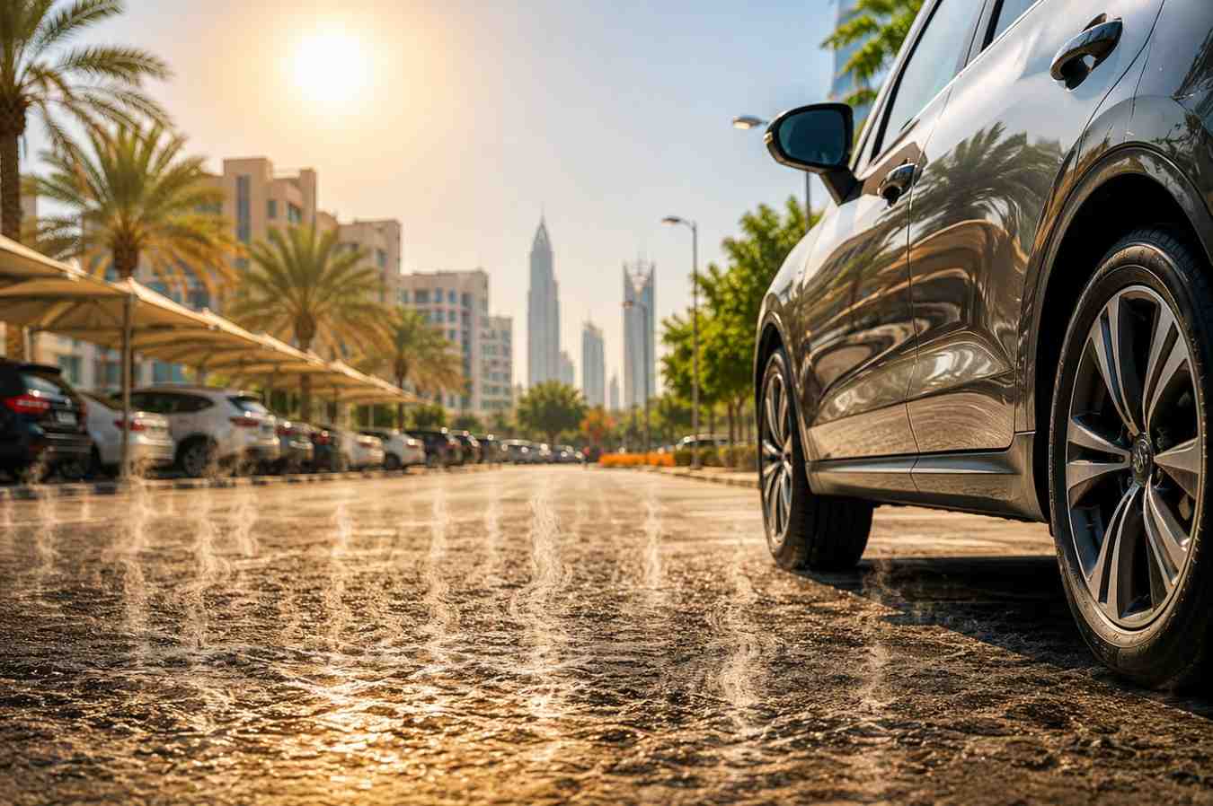 سيارة متوقفة على طريق أسفلت ساخن في الإمارات مع موجات حرارة متصاعدة خلال طقس صيفي شديد|ويلز عرب.ae
