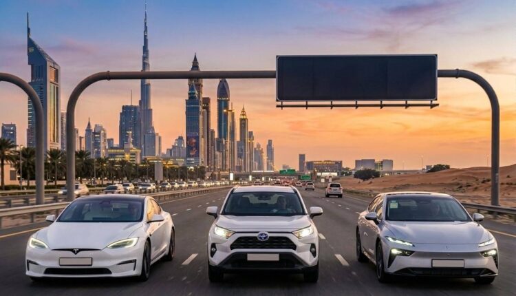ثلاث مركبات حديثة باللون الأبيض — سيارة تسلا كهربائية (EV)، وسيارة تويوتا RAV4 هجينة (Hybrid)، وسيارة ديبال REEV — تسير جنبًا إلى جنب مع إطلالة أمامية كاملة على طريق سريع متعدد المسارات في دولة الإمارات، مع أفق مدينة دبي الأيقوني في الخلفية أثناء غروب الشمس | Arabwheels.ae