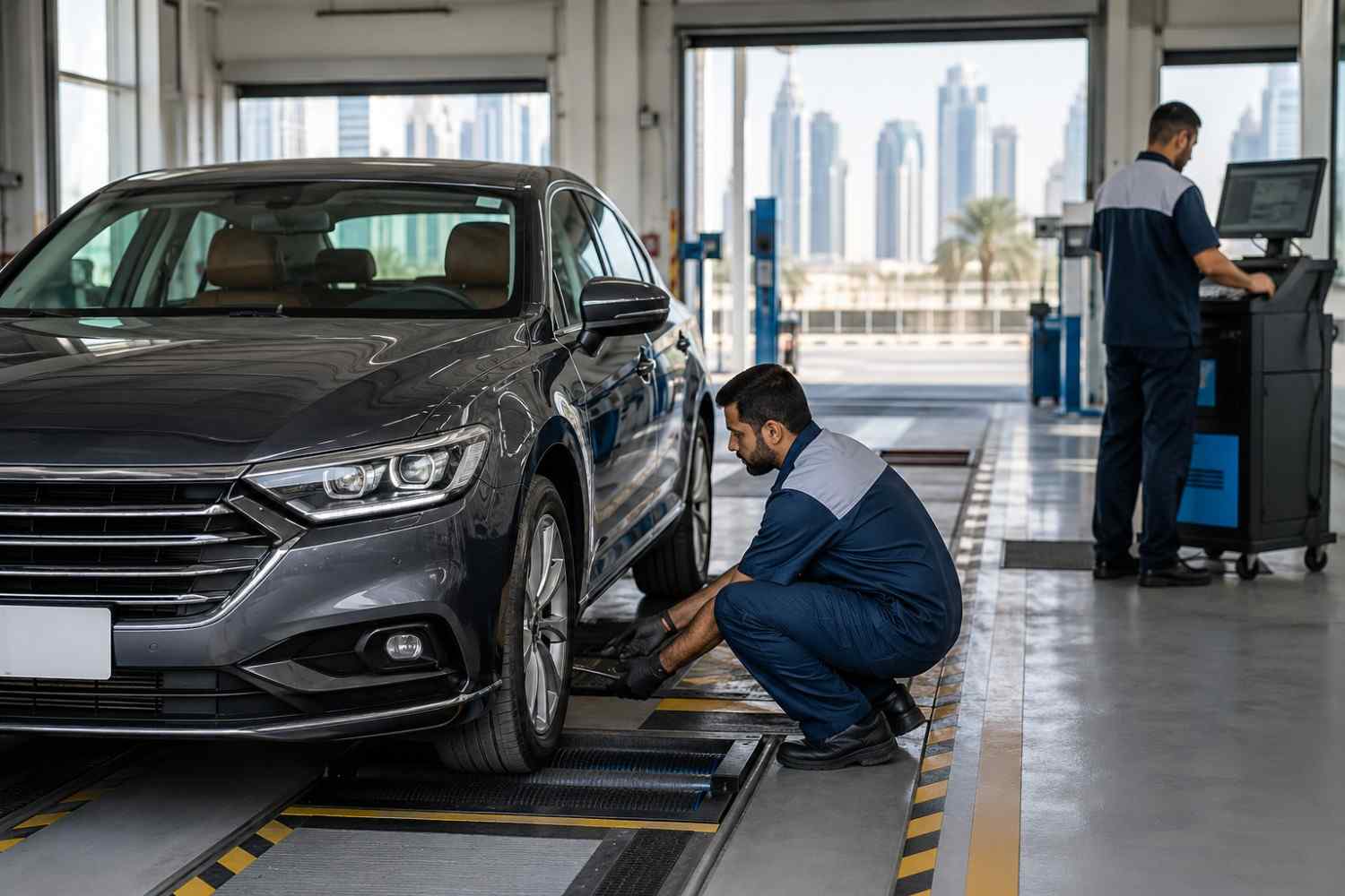 سيارة تخضع للفحص في مركز فحص مركبات بالإمارات مع فنيين يتحققون من الإطارات وأنظمة التشخيص|عرب ويلز