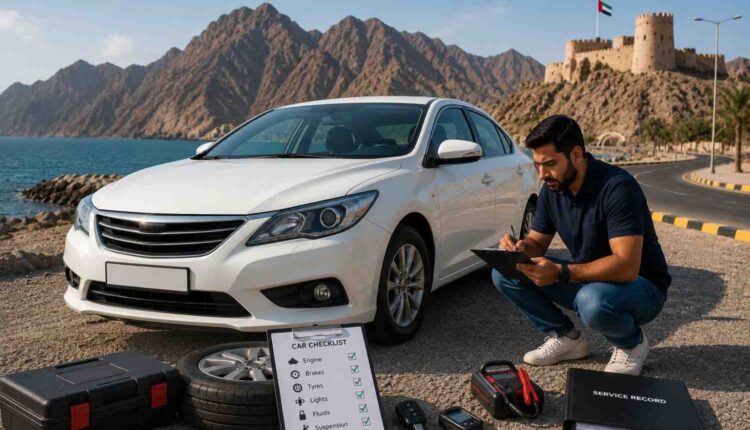 Buyer inspecting a used car in Fujairah with checklist and service records to choose a reliable value-for-money car.|Arabwheels.ae