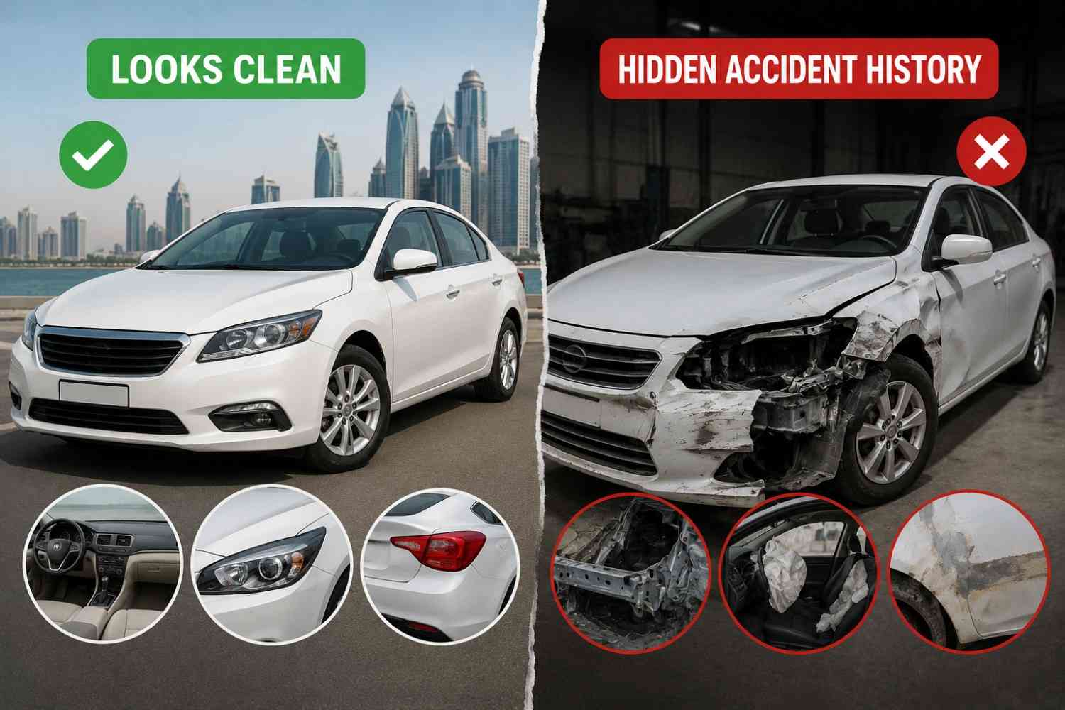 Clean used car compared with hidden accident damage highlighting the importance of EVG accident history check|Arabwheels.ae