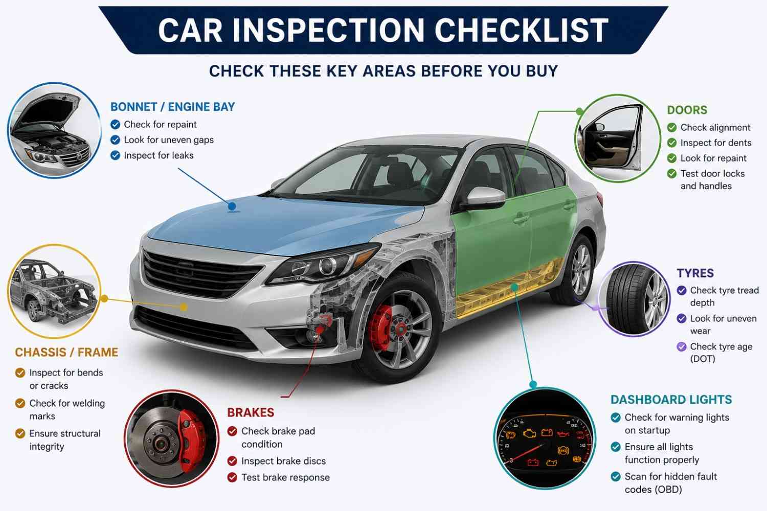 Used car inspection checklist showing bonnet, chassis, tyres, brakes, doors and dashboard checks before buying|Arabwheels.ae