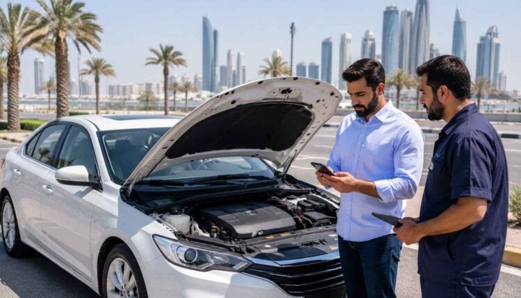 UAE buyer checking EVG accident history online while inspecting a used car with an open bonnet|Arabwheels.ae