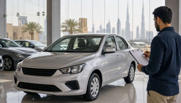 UAE car buyer checking a budget sedan in a modern showroom before buying a new car in 2026.|Arabwheels.ae