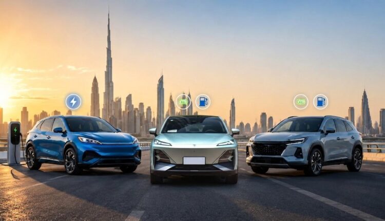 Three modern SUVs representing REEV, EV, and Hybrid vehicles parked on a highway with the Dubai skyline in the background, comparing ownership costs in the UAE.|Arabwheels.ae