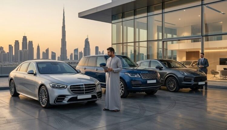 An expensive car UAE buyer in traditional Emirati attire holding a tablet, thoughtfully comparing a Mercedes-Benz S-Class, a Range Rover, and a Porsche Cayenne outside a modern Dubai showroom with the Burj Khalifa skyline in the background during golden hour.|Arabwheels.ae