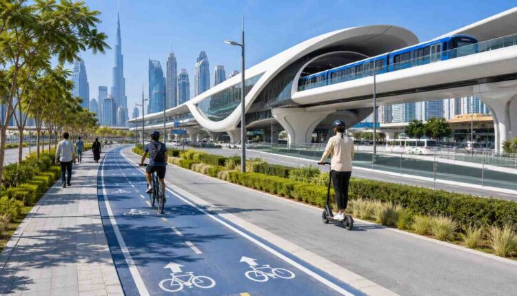 Dubai cyclists, e-scooter riders and pedestrians using dedicated mobility lanes beside an elevated metro station.|Arabwheels.ae
