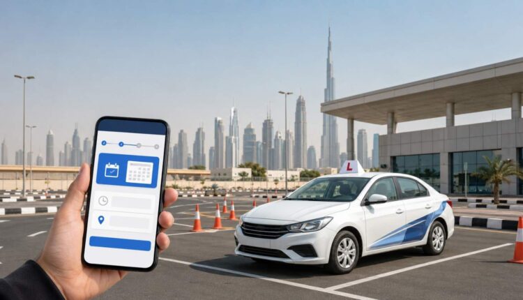 RTA test booking in Dubai shown with a learner car, driving test yard, smartphone booking interface and Dubai skyline.|Arabwheels.ae