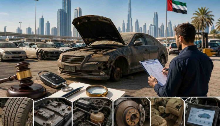 Abandoned car inspection at a Dubai auction yard with damaged vehicles, tyre, battery, brakes and diagnostic checks shown against the city skyline.|Arabwheels.ae