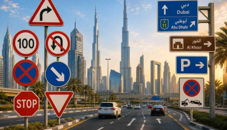 UAE road signs displayed beside a multilane Dubai road, including speed limit, warning, parking, stop and directional signs.|Arawbheels.ae