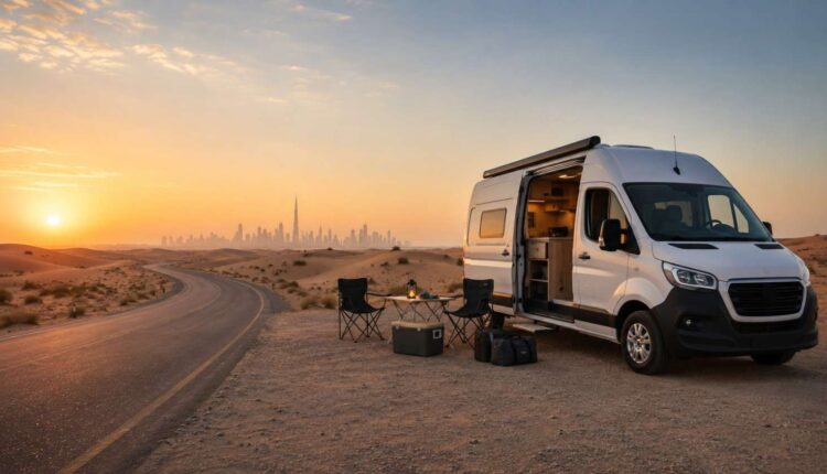 Modern white camper van rental Dubai vehicle parked at a desert campsite near Dubai during golden hour, with camping chairs, travel gear and the Dubai skyline in the distance. | ArabWheels.ae