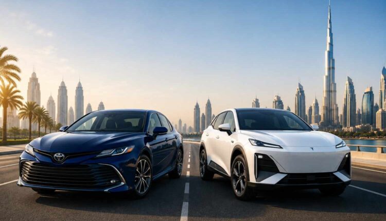 Blue Toyota Camry Hybrid and white Deepal S07 REEV on a Dubai road, comparing city and highway efficiency in the UAE.|Arabwheels.ae