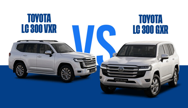 Toyota Land Cruiser LC300 VXR vs GXR comparison in white, highlighting the two UAE-spec SUVs side by side.|Arabwheels.ae