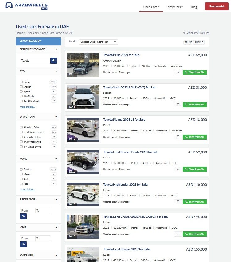 ArabWheels used cars UAE listings filtered for Toyota models|Arabwheels.ae