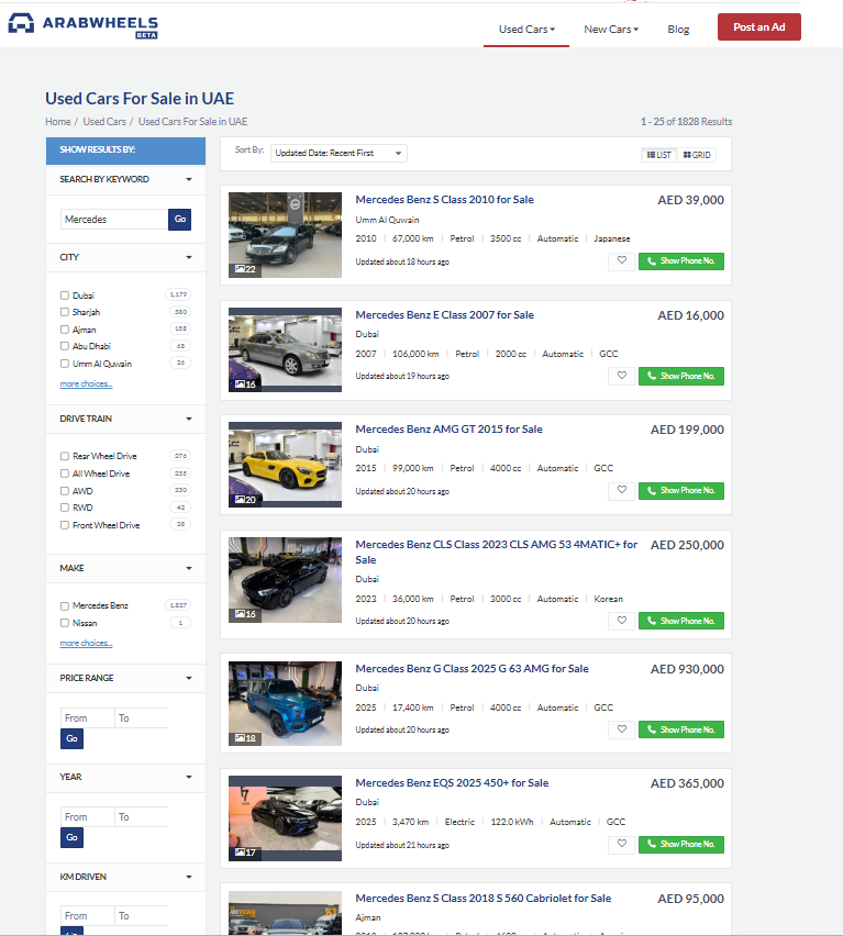 Mercedes-Benz used cars for sale in UAE on ArabWheels